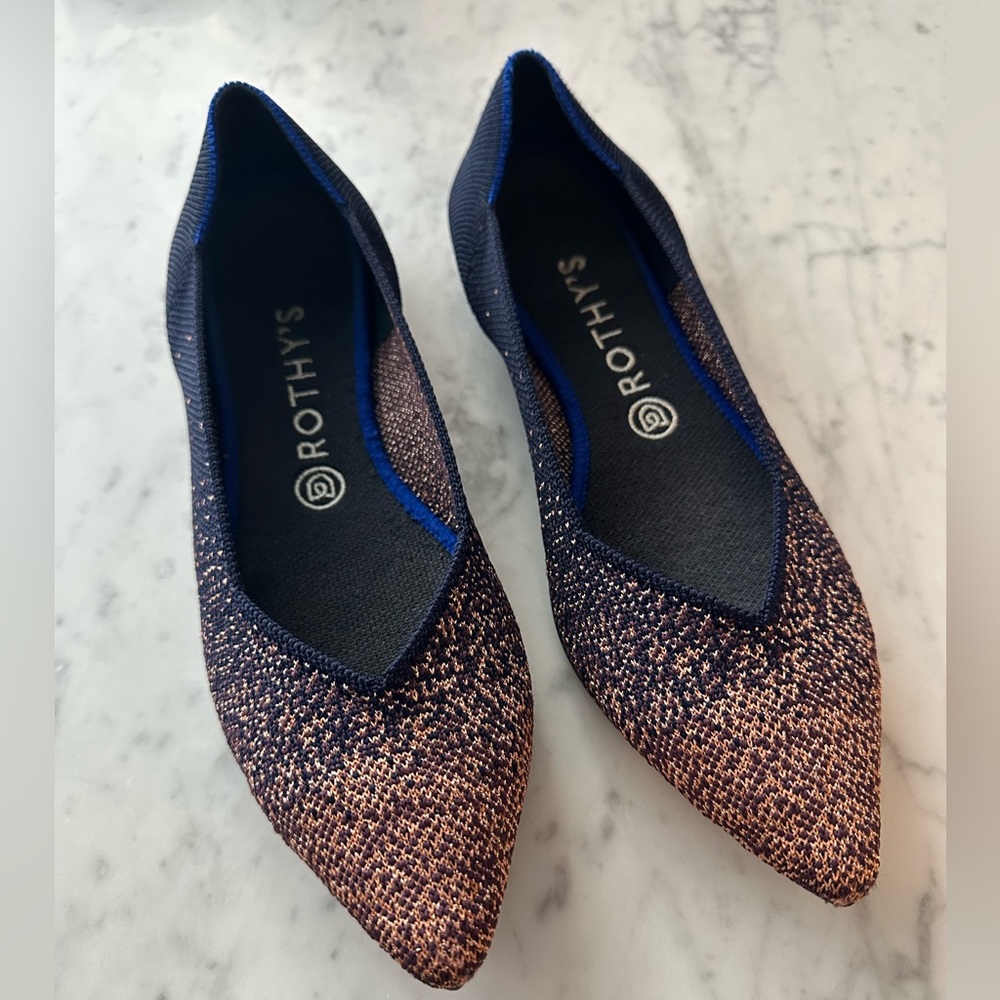 Rothy’s Midnight Metallic Rose Gold Navy “The Point” - Limited Edition